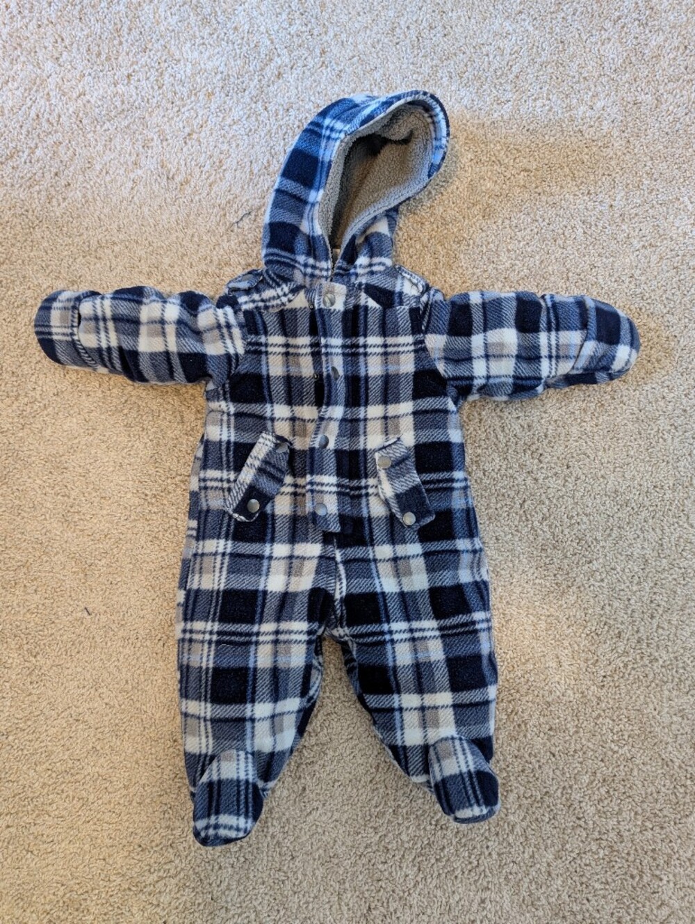First Impressions Navy and White Plaid Hooded Snowsuit SZ 0-3mon